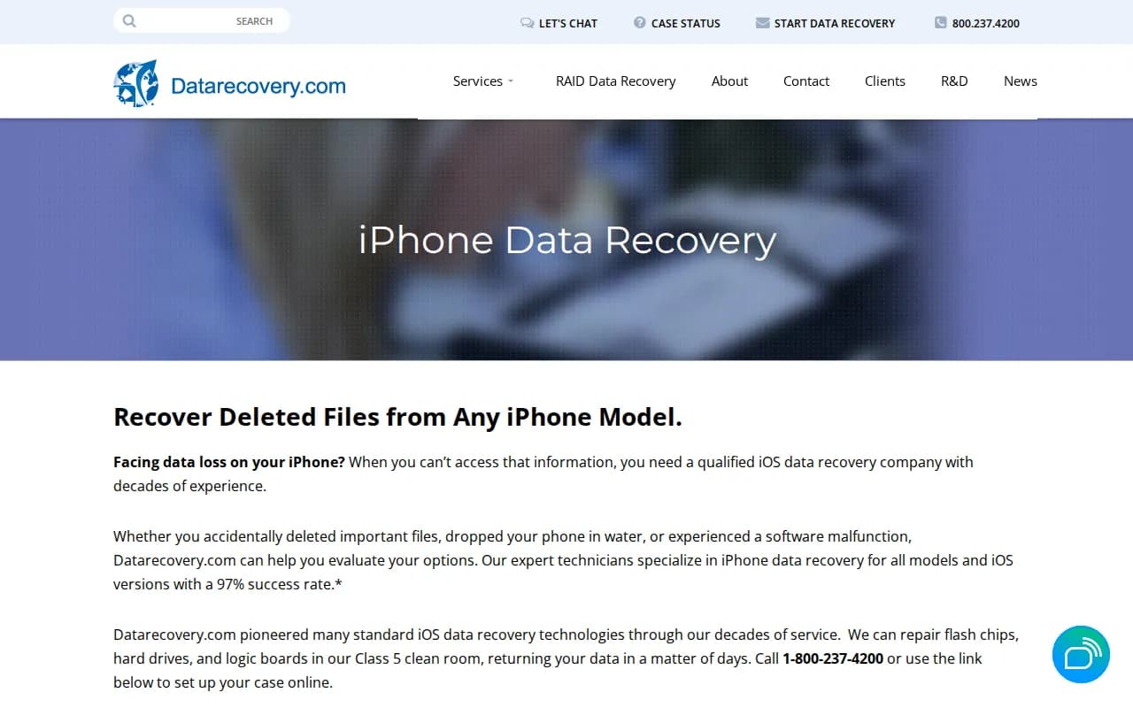 Screenshot of Datarecovery.com iPhone page mentioning Class 5 clean room for flash chips and logic boards