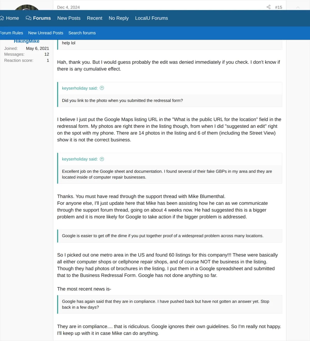 Screenshot: Local Search Forum investigation (HikingMike, Dec 2024)