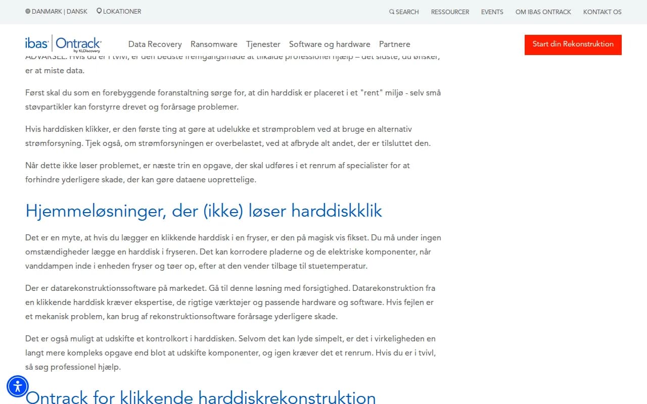 Screenshot of Ontrack Danish blog claiming PCB swap requires cleanroom environment