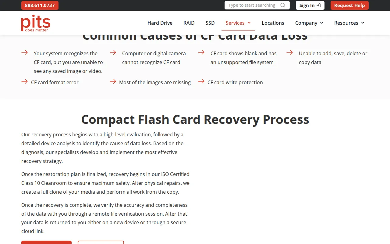 Screenshot of PITS Global CF card page claiming ISO Certified Class 10 Cleanroom for CF card recovery