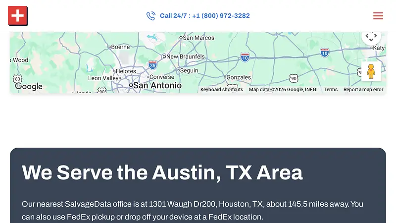 Capture of salvagedata.com's Austin page showing the nearest-office sentence naming a Houston address 145.5 miles from Austin