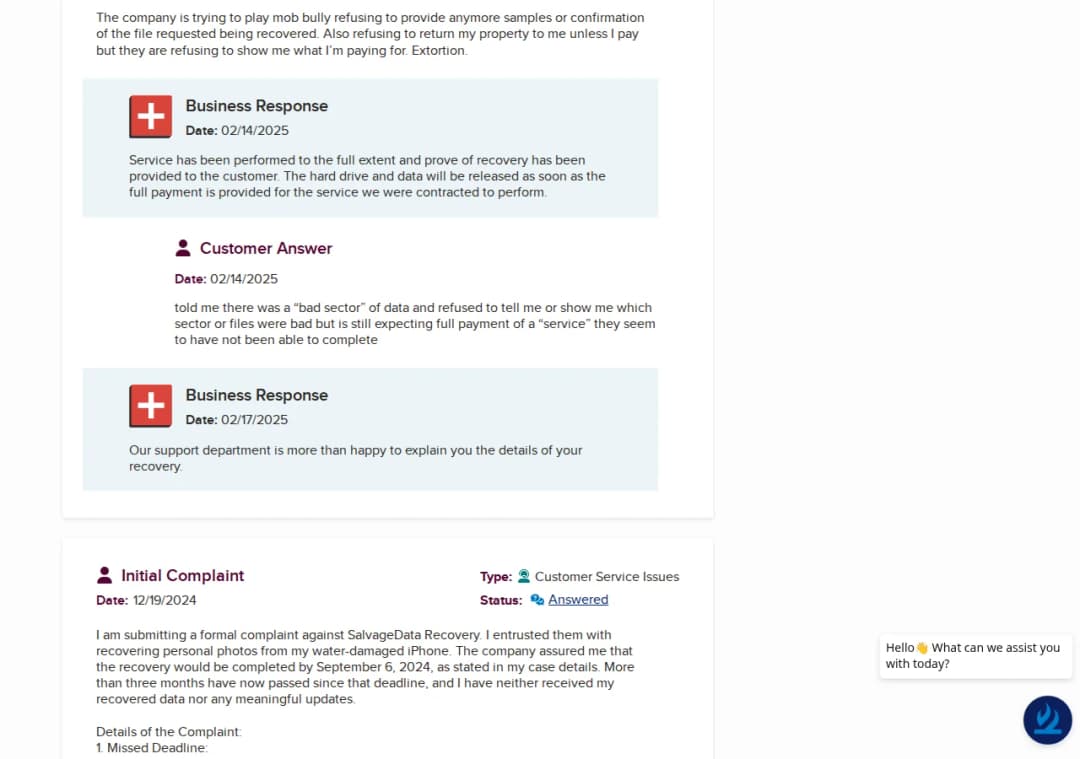 Screenshot of SalvageData Recovery Services (BBB complaints page) page