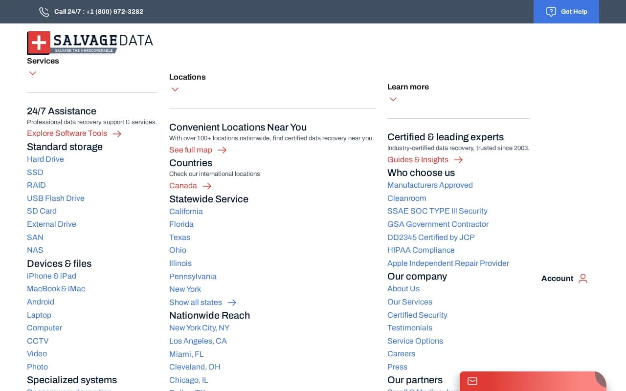 Screenshot: SalvageData Recovery Services (locations page)