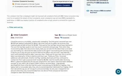 BBB complaint: SalvageData quoted $6,000 per laptop, dropped to $1,260 total