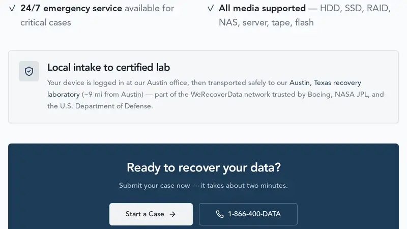 Capture of werecoverdata.com's Austin page showing the local-intake panel and its nine-mile transport sentence