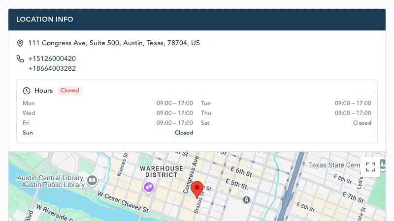 Capture of the address and hours panel on werecoverdata.com's Austin page