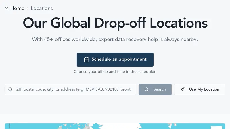 Thumbnail of the top of werecoverdata.com's locations page: the Our Global Drop-off Locations heading and the 45+ offices line