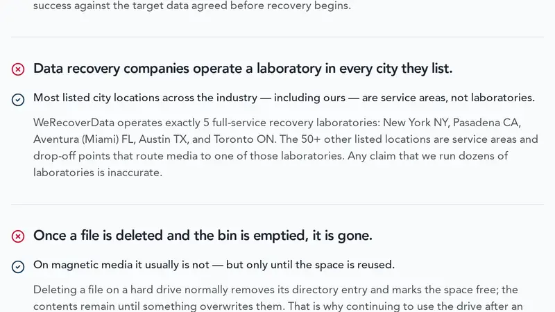 Capture of werecoverdata.com's myths page at the eleventh correction, on laboratories in every listed city