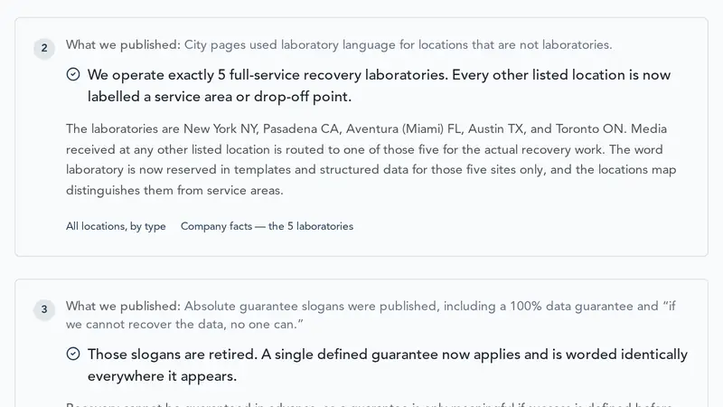 Capture of werecoverdata.com's corrections page showing the five-laboratories correction