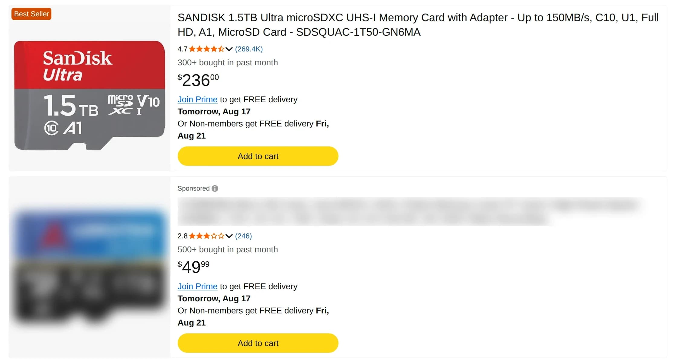 Two Amazon search results stacked: a SanDisk Ultra 1.5TB microSD at $236.00 with 269,400 ratings, and beneath it a high capacity card at $49.99 with 246 ratings whose brand marks are blurred