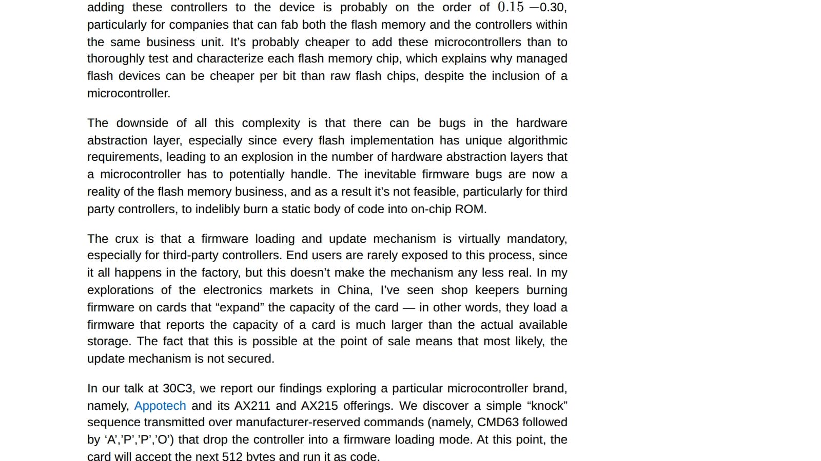 Blog post text from bunnie Huang describing shop keepers in China burning firmware that expands the capacity a memory card reports