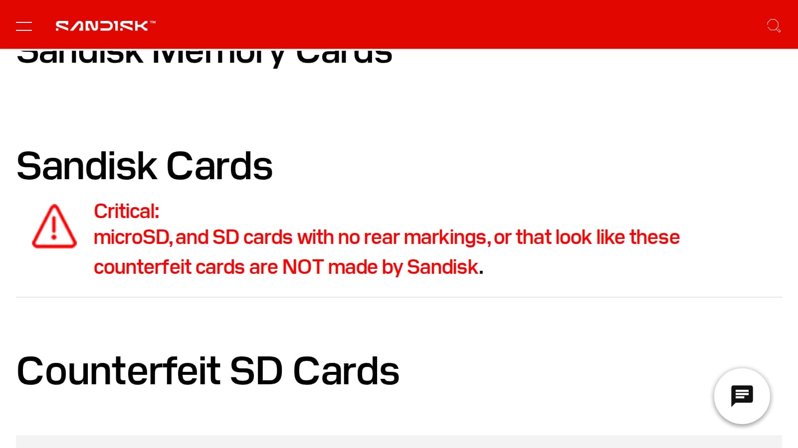 SanDisk support page headed Sandisk Cards, with a warning that microSD and SD cards with no rear markings are not made by Sandisk