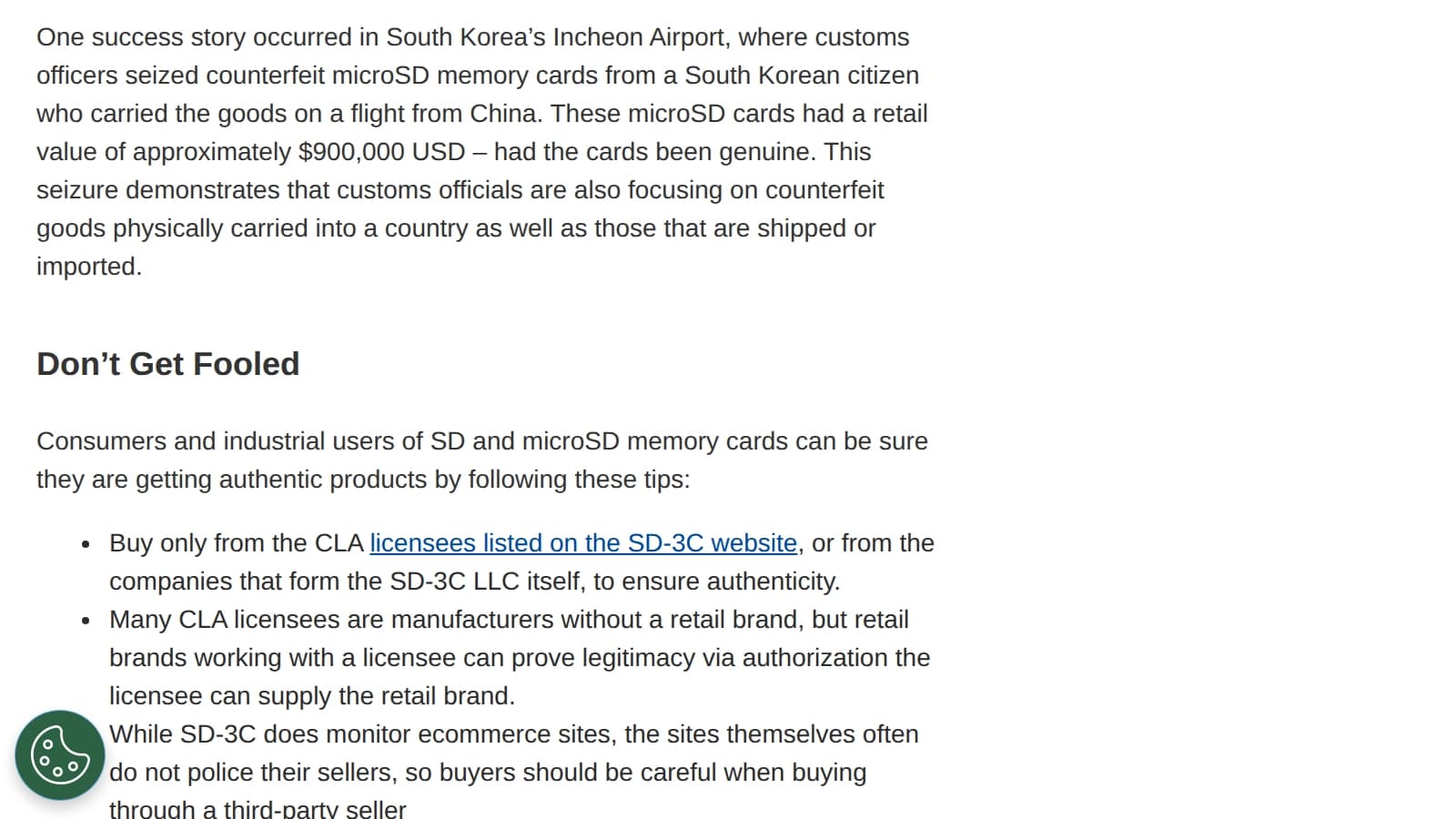 SD Association passage stating that SD-3C monitors ecommerce sites but the sites often do not police their own sellers