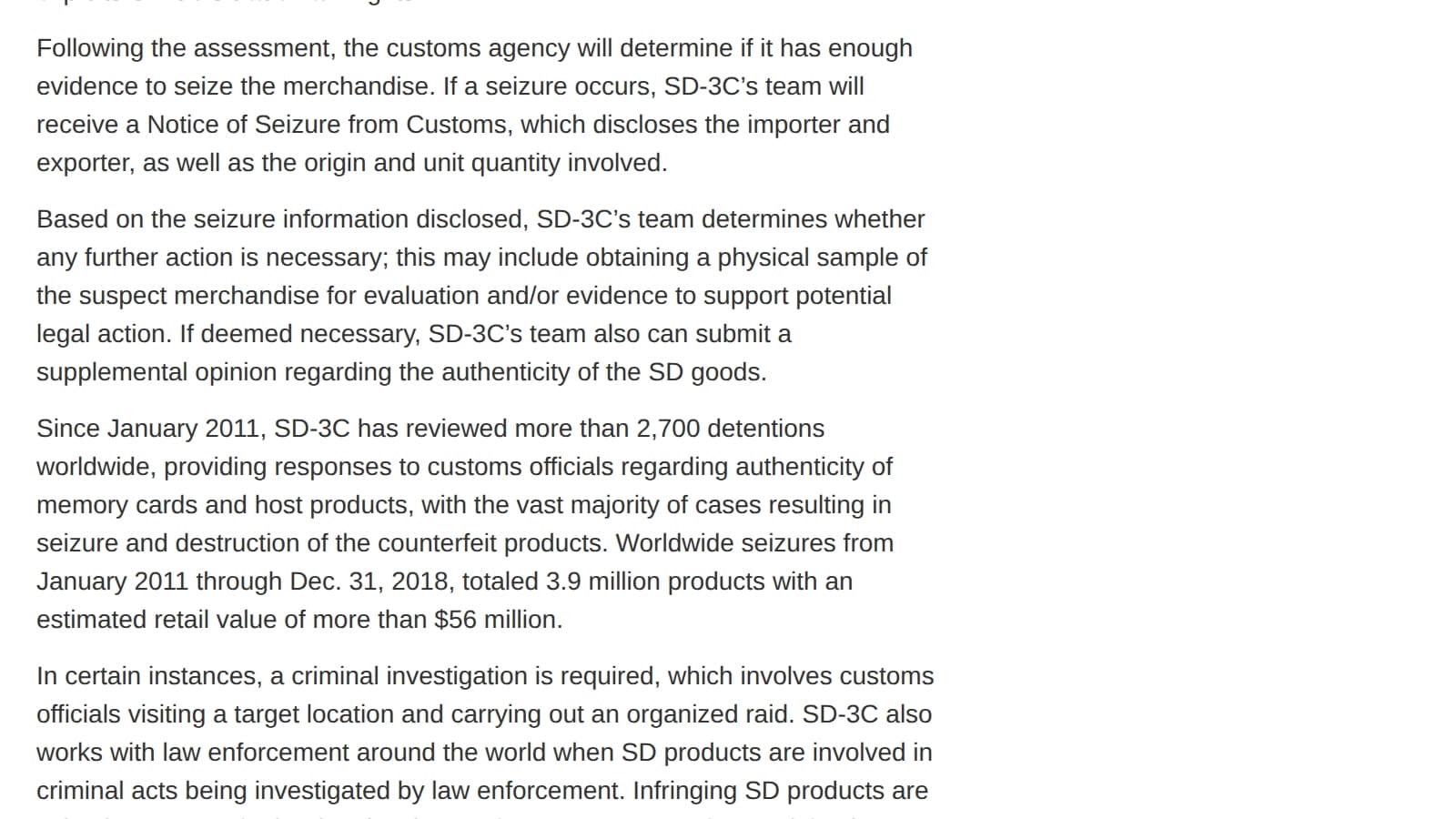 SD Association article passage giving SD-3C customs detention counts since 2011 and worldwide seizure totals through December 2018