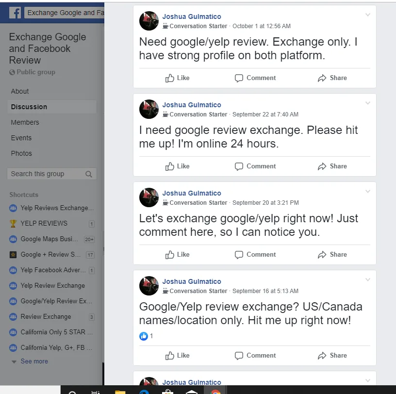 Facebook posts in the public group Exchange Google and Facebook Review by an account named Joshua Gulmatico, dated September 16, September 20, September 22, and October 1 with no year shown, each soliciting Google or Yelp review exchanges, including 'Need google/yelp review. Exchange only. I have strong profile on both platform.'