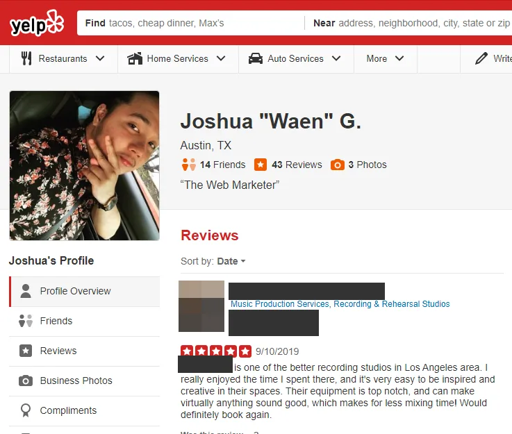 Yelp review dated 9/10/2019 by the reviewer Joshua 'Waen' G. of Austin, TX, tagline 'The Web Marketer', giving 5 stars to a Los Angeles-area recording studio; the studio's name, address, and photo thumbnail are redacted.