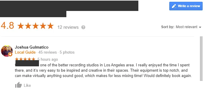 Google review by an account named Joshua Gulmatico, Local Guide, 45 reviews, displayed as 5 hours ago at capture, giving 5 stars to a recording studio listing; the listing's name and address are redacted.