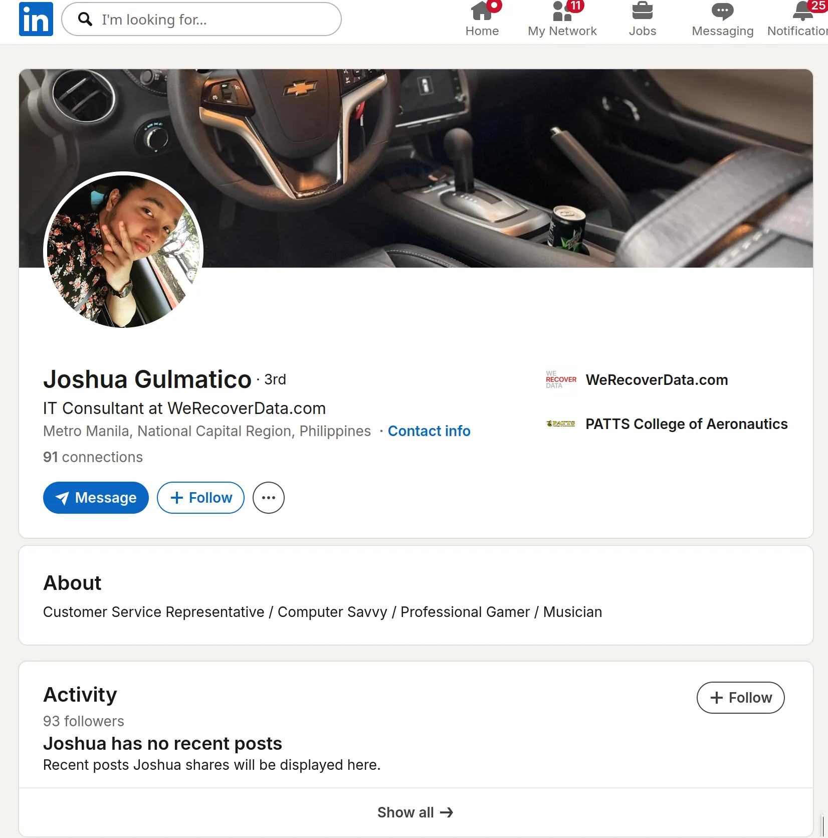 LinkedIn profile captured July 2026 listing Joshua Gulmatico, Metro Manila, National Capital Region, Philippines, with the headline IT Consultant at WeRecoverData.com, 91 connections, and no employment dates shown.