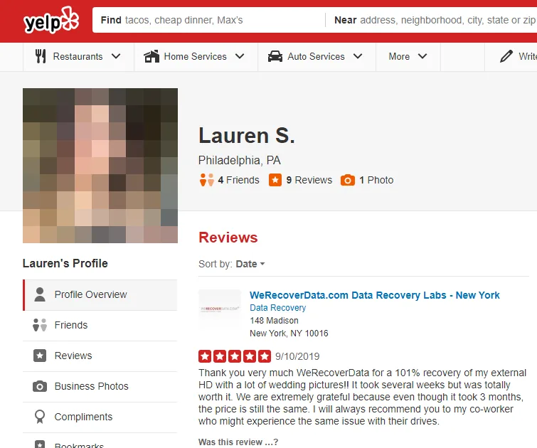 Yelp review by an account named Lauren S. of Philadelphia, PA, dated 9/10/2019, giving 5 stars to WeRecoverData.com Data Recovery Labs - New York at 148 Madison, New York, NY 10016; the reviewer's profile photo is redacted.