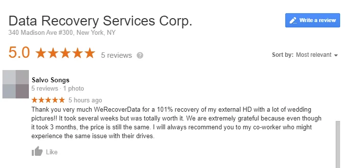 Google review by an account named Salvo Songs, displayed as 5 hours ago at capture, giving 5 stars to a listing named Data Recovery Services Corp. at 340 Madison Ave #300, New York, NY, with review text thanking WeRecoverData; the reviewer's avatar is redacted.