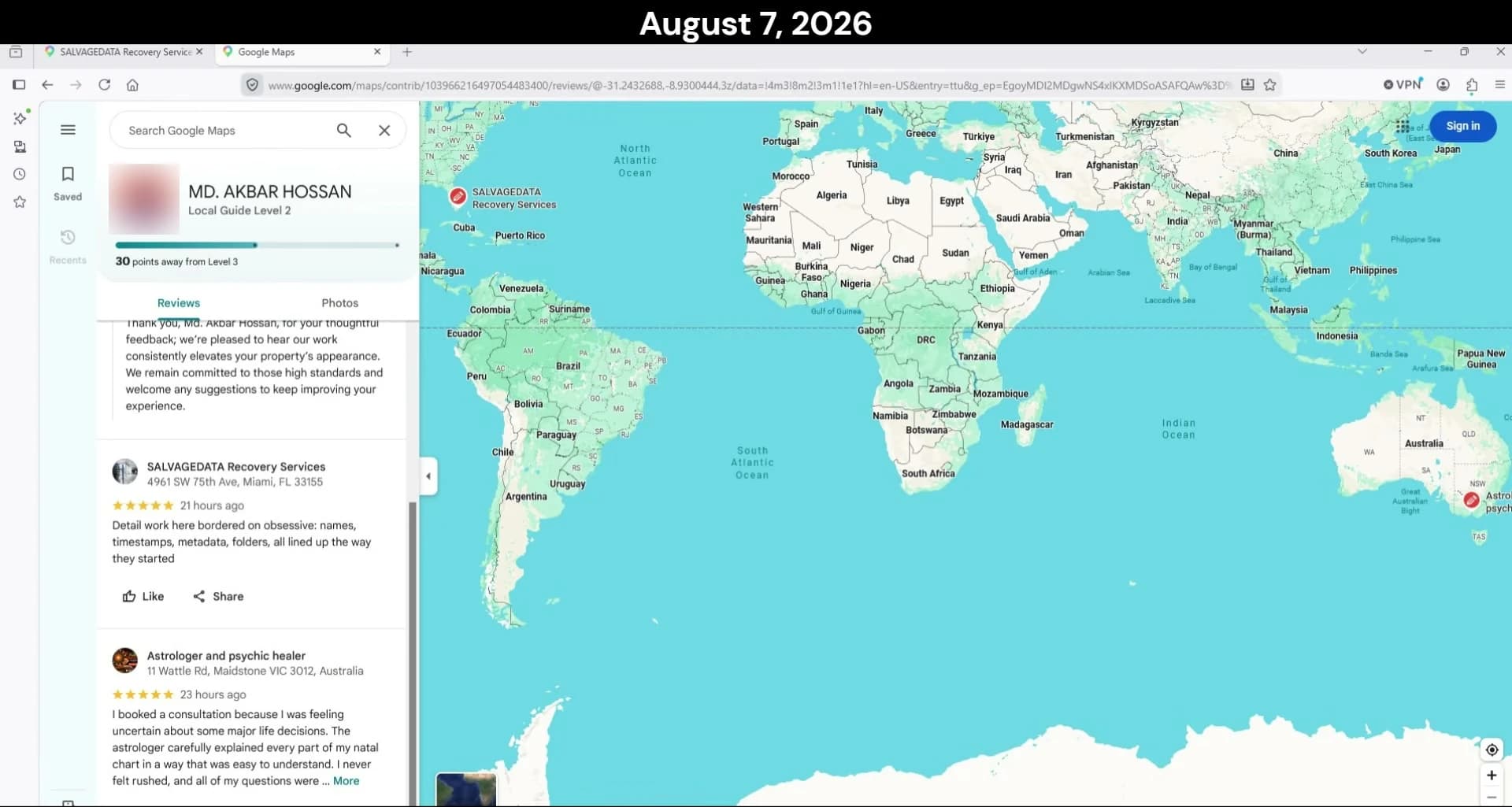Google Maps contributor page for MD. AKBAR HOSSAN, captured August 7, 2026, showing a five-star review of SALVAGEDATA Recovery Services in Miami posted 21 hours ago and a five-star review of an astrologer and psychic healer in Maidstone, Victoria, Australia posted 23 hours ago. The profile photo is blurred.