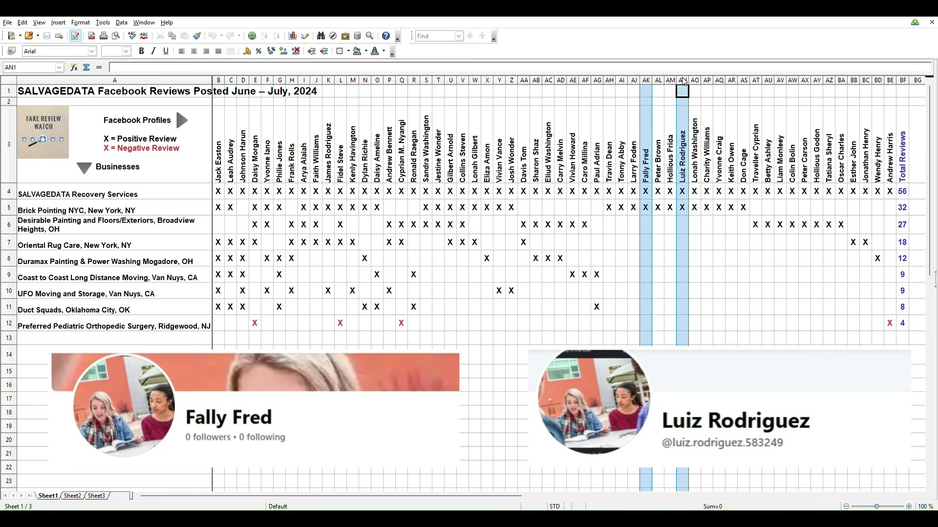 Two Facebook profile headers, Fally Fred with 0 followers and 0 following and Luiz Rodriguez, each using the same photograph of three people at a table, overlaid on the June to July 2024 spreadsheet with their two columns highlighted.