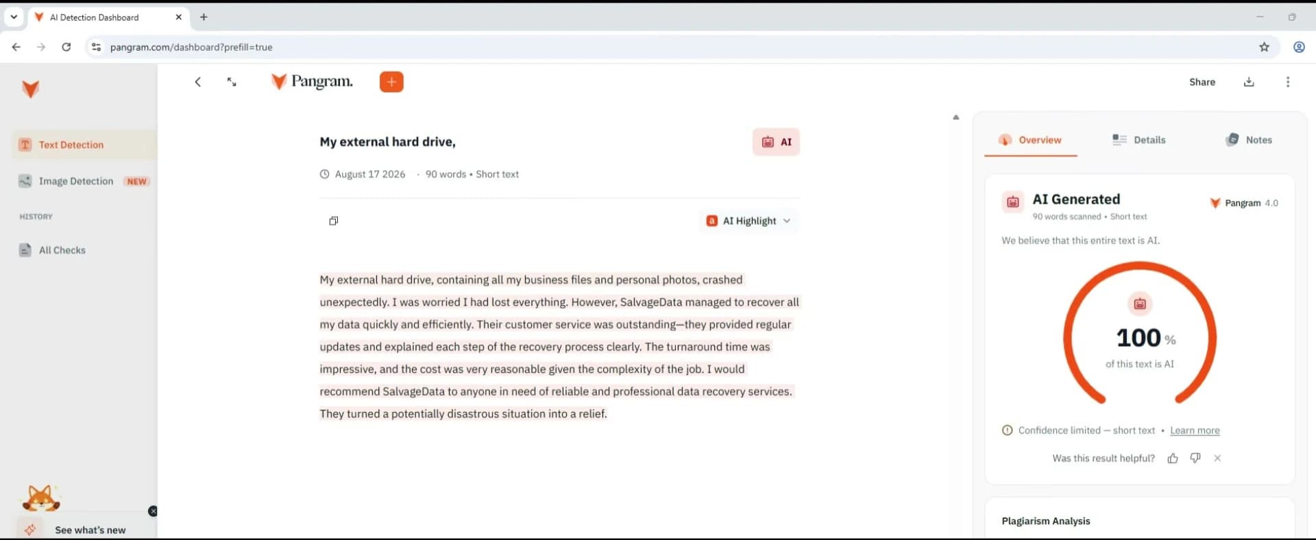 Pangram dashboard dated August 17, 2026 showing a 90-word review that begins 'My external hard drive, containing all my business files and personal photos, crashed unexpectedly' with the result AI Generated, 100% of this text is AI, and the note Confidence limited, short text.