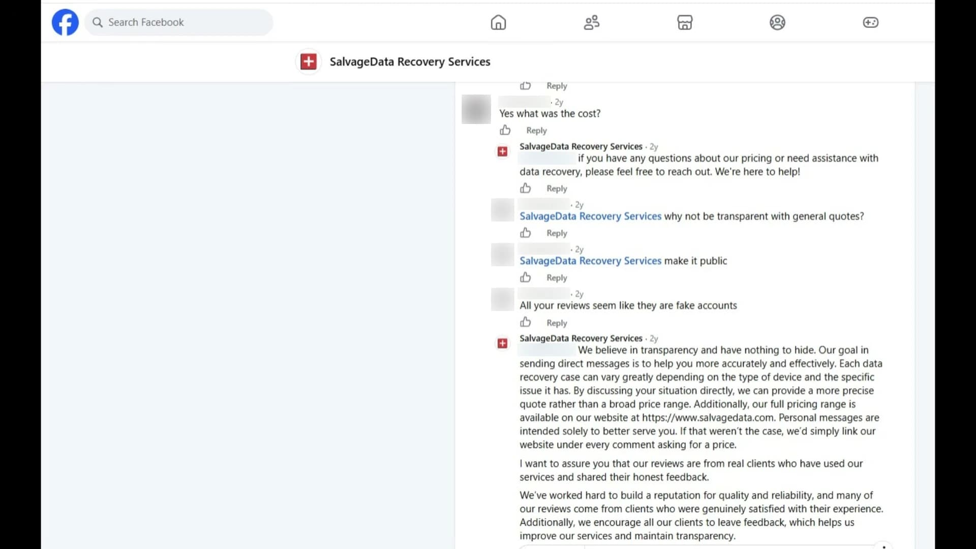 Facebook comment thread on the SalvageData Recovery Services page in which a commenter, name and photo blurred, writes 'All your reviews seem like they are fake accounts' and the page replies with a multi-paragraph comment including 'I want to assure you that our reviews are from real clients who have used our services and shared their honest feedback.'