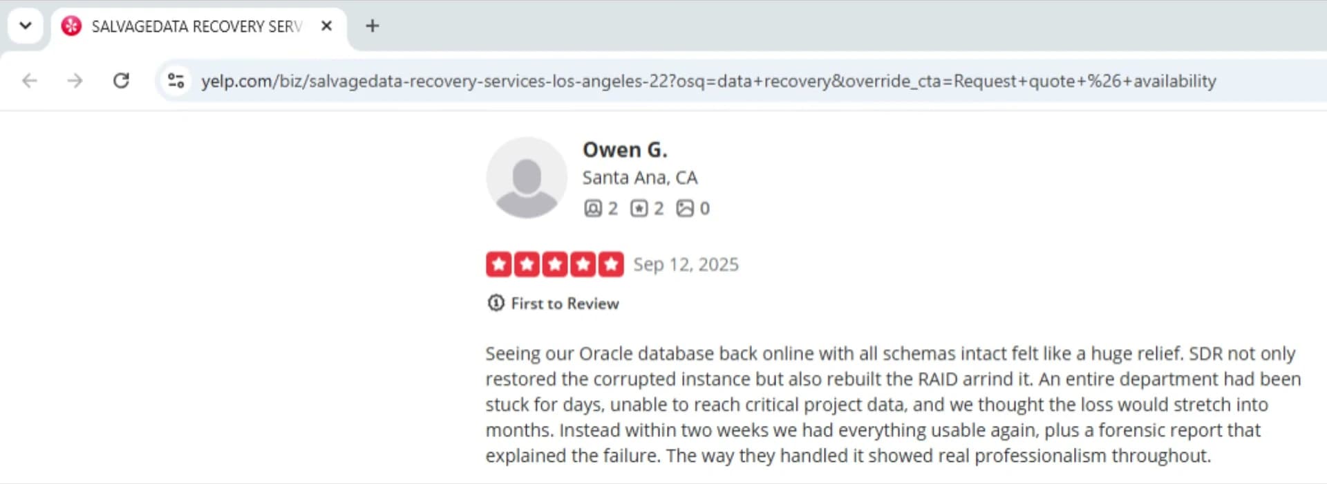 Yelp page for a SalvageData Los Angeles listing showing a five-star review by Owen G. of Santa Ana, CA, dated Sep 12, 2025, with a First to Review badge, 2 reviews on the profile, and text beginning 'Seeing our Oracle database back online with all schemas intact felt like a huge relief.'