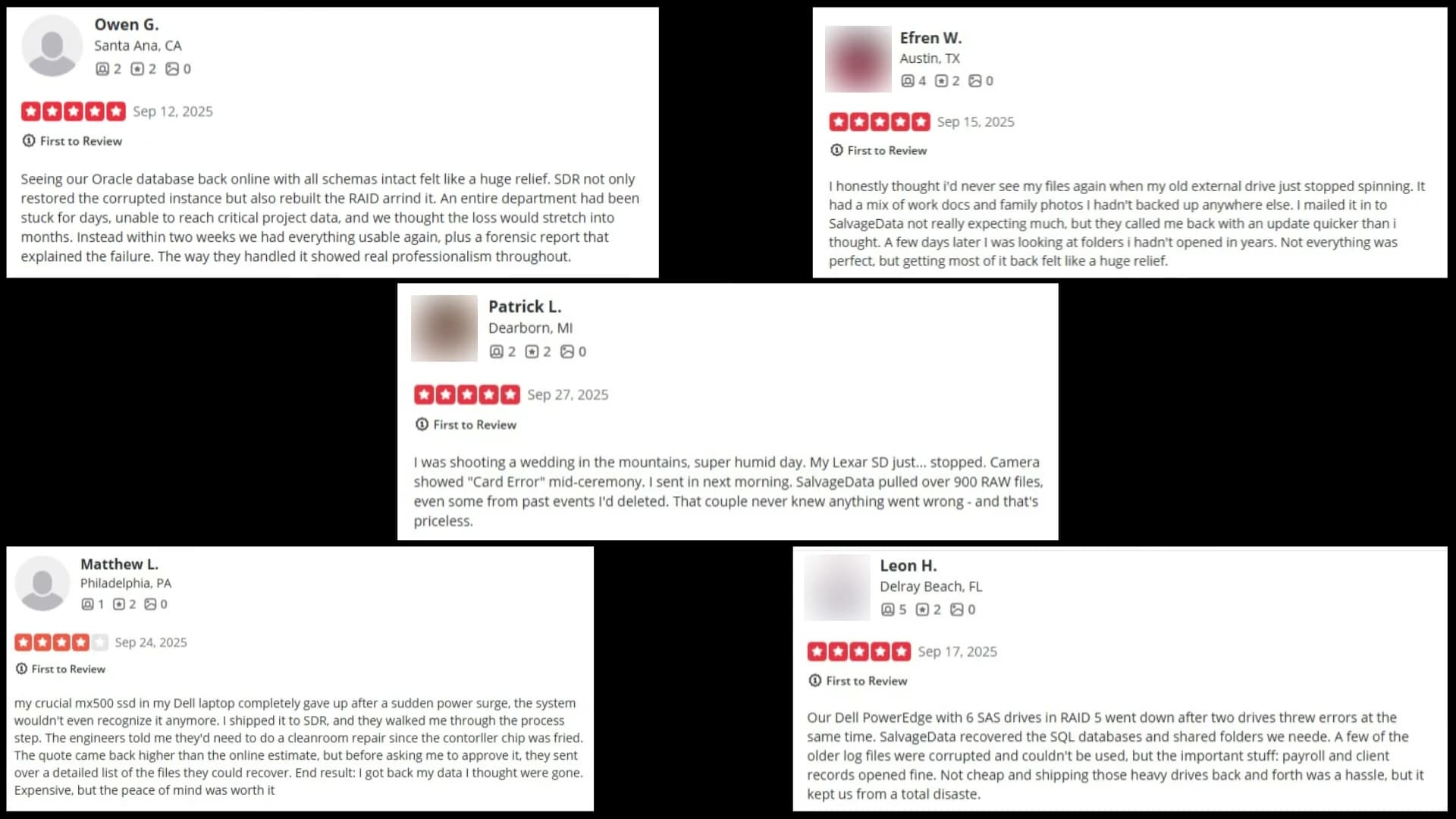 Five Yelp reviews side by side: Owen G. (Sep 12, 2025), Efren W. (Sep 15), Patrick L. (Sep 27), Matthew L. (Sep 24, four stars), and Leon H. (Sep 17), each with a First to Review badge and 2 reviews on the profile; three profile photos are blurred.