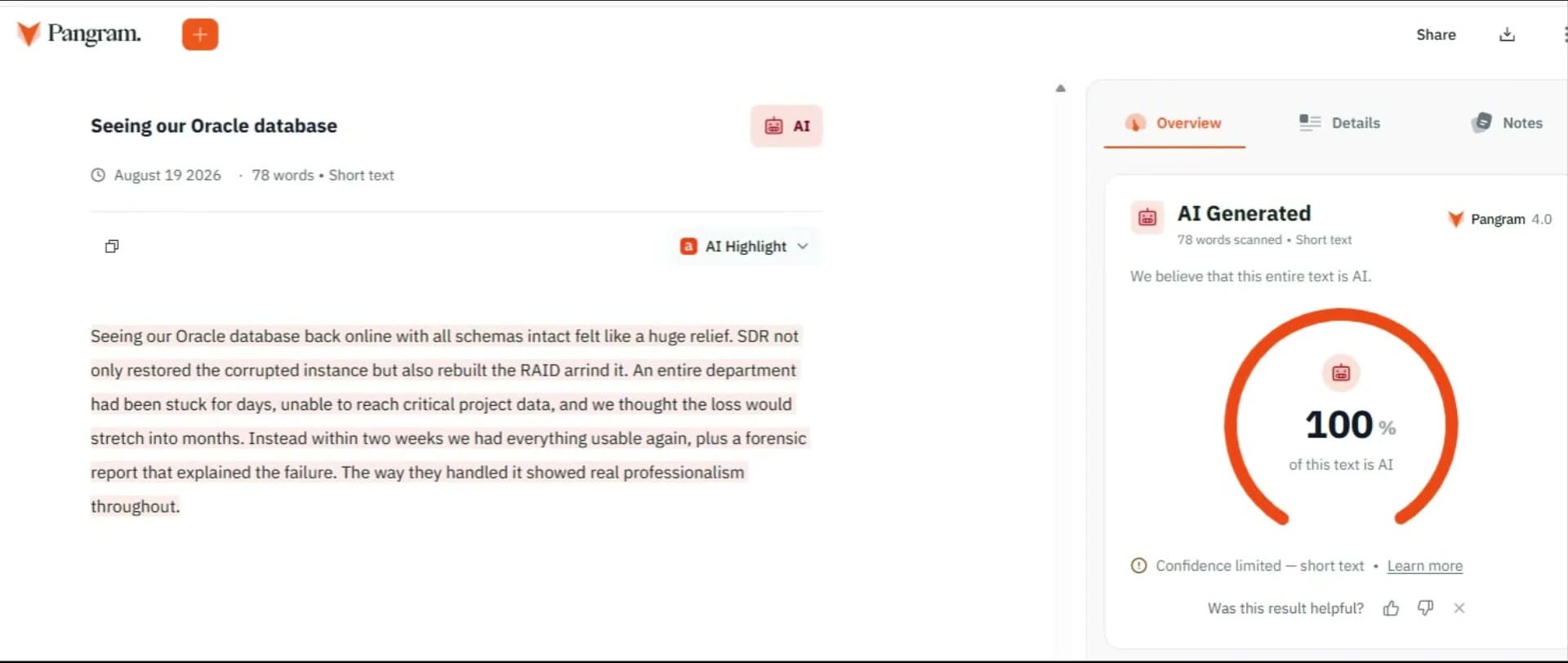 Pangram dashboard dated August 19, 2026 showing the 78-word review beginning 'Seeing our Oracle database back online' with the result AI Generated, 100% of this text is AI, and the note Confidence limited, short text.