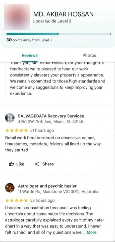 Google account MD. AKBAR HOSSAN with five-star reviews of SALVAGEDATA Recovery Services in Miami, 21 hours ago, and an astrologer and psychic healer in Maidstone, Australia, 23 hours ago. Profile photo blurred.