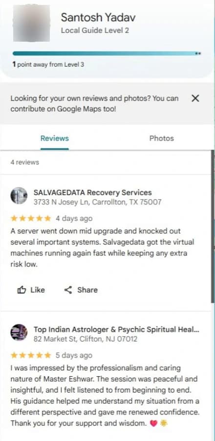 Google account Santosh Yadav with five-star reviews of SALVAGEDATA Recovery Services in Carrollton, Texas, 4 days ago, and Top Indian Astrologer and Psychic Spiritual Healer in Clifton, New Jersey, 5 days ago. Profile photo blurred.