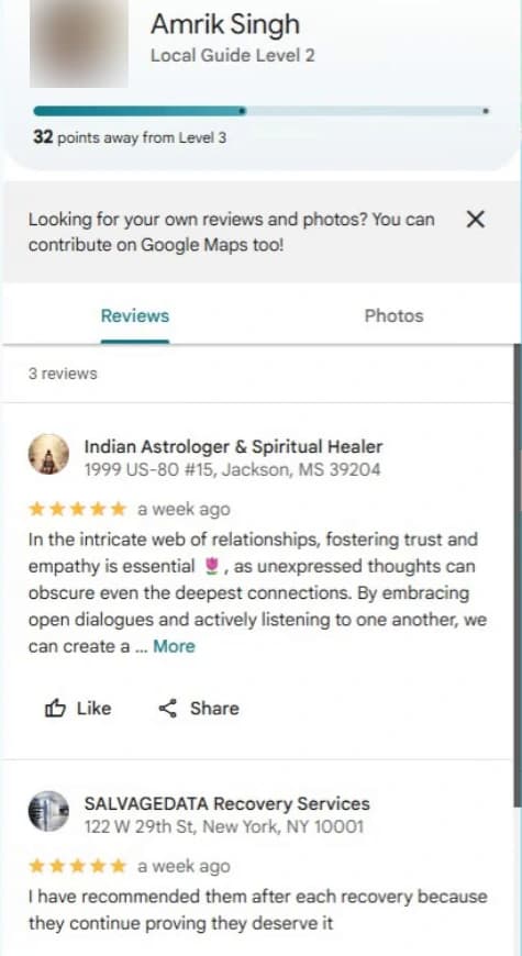 Google account Amrik Singh with five-star reviews of Indian Astrologer and Spiritual Healer in Jackson, Mississippi and SALVAGEDATA Recovery Services in New York, both a week ago. Profile photo blurred.