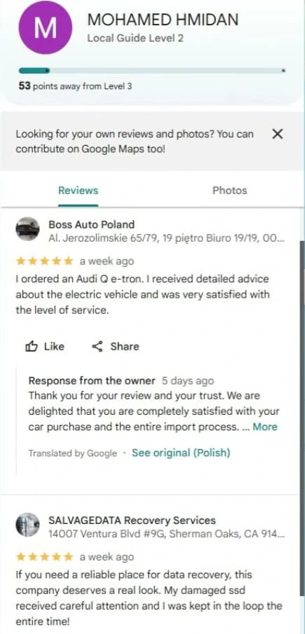 Google account MOHAMED HMIDAN with five-star reviews of Boss Auto Poland in Warsaw and SALVAGEDATA Recovery Services in Sherman Oaks, California, both a week ago.
