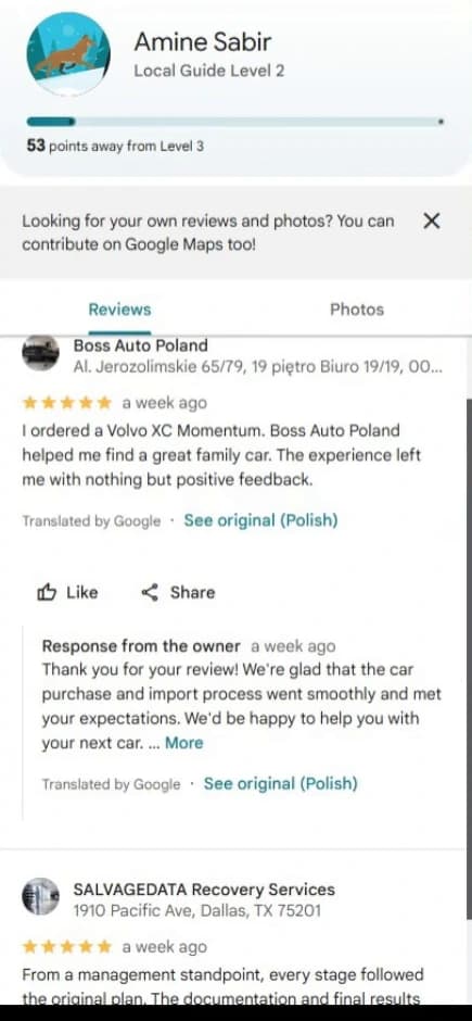Google account Amine Sabir with five-star reviews of Boss Auto Poland in Warsaw and SALVAGEDATA Recovery Services in Dallas at 1910 Pacific Ave, both a week ago.