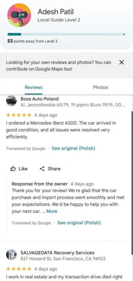 Google account Adesh Patil with five-star reviews of Boss Auto Poland in Warsaw and SALVAGEDATA Recovery Services in San Francisco, both 4 days ago.