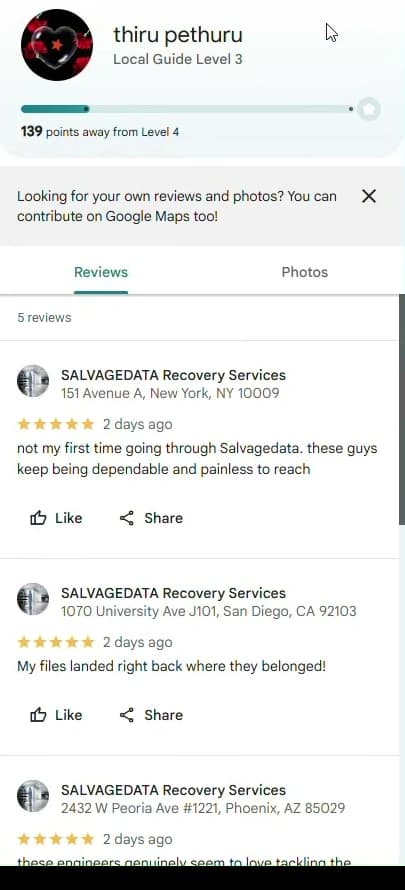 Google account thiru pethuru with five-star reviews of SALVAGEDATA Recovery Services in New York, San Diego, and Phoenix, each 2 days ago.