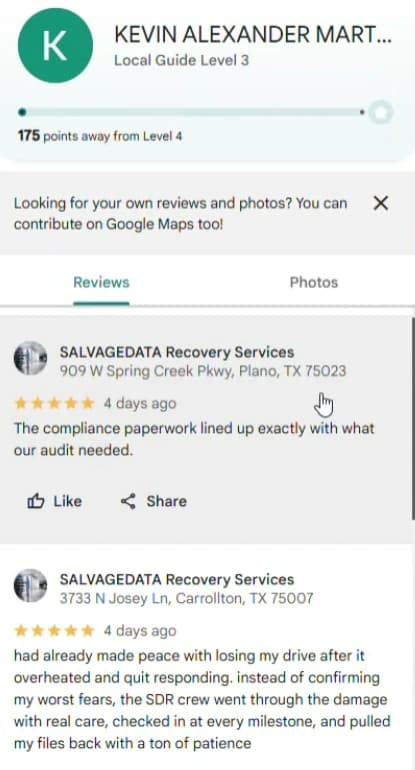 Google account KEVIN ALEXANDER MART... with five-star reviews of SALVAGEDATA Recovery Services in Plano and Carrollton, Texas, both 4 days ago.