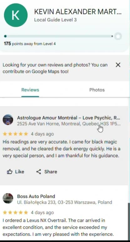 The same account KEVIN ALEXANDER MART... with five-star reviews of Astrologue Amour Montreal, Love Psychic, and Boss Auto Poland in Warsaw, both 4 days ago.