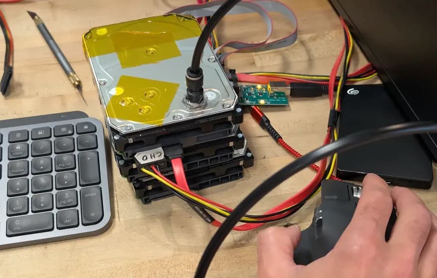 Helium refill manifold attached to a resealed enterprise helium drive lid during the in-house recharge cycle in the Austin lab