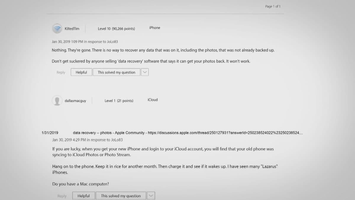 Apple forum showing data recovery isn't offered
