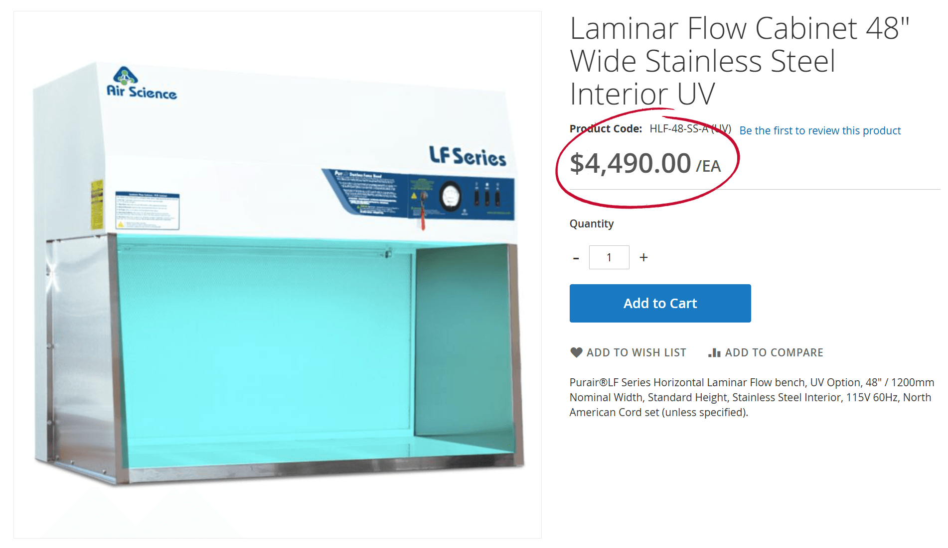 Purair VLF-48 laminar flow bench listing price $4,490
