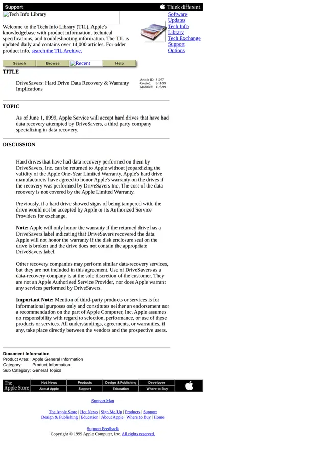 Screenshot of Apple Tech Info Library article 31077 about DriveSavers data recovery and warranty implications from 1999