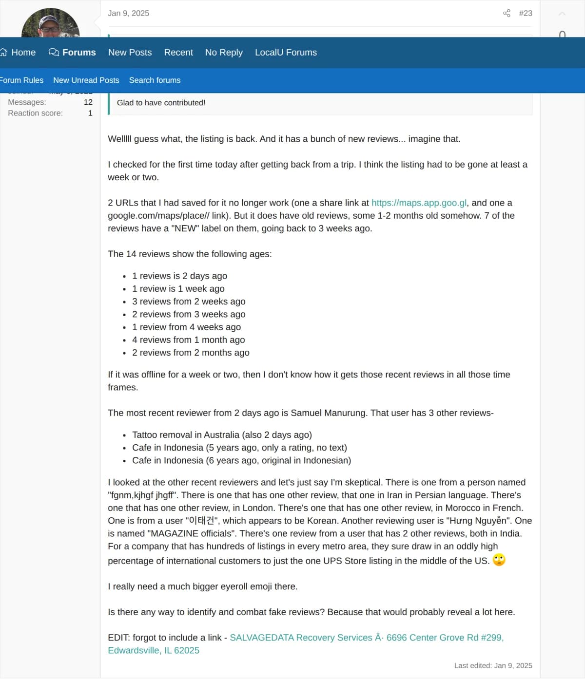 Local Search Forum post showing SalvageData listing at UPS Store address in Edwardsville, Illinois with mailbox number formatted as suite number