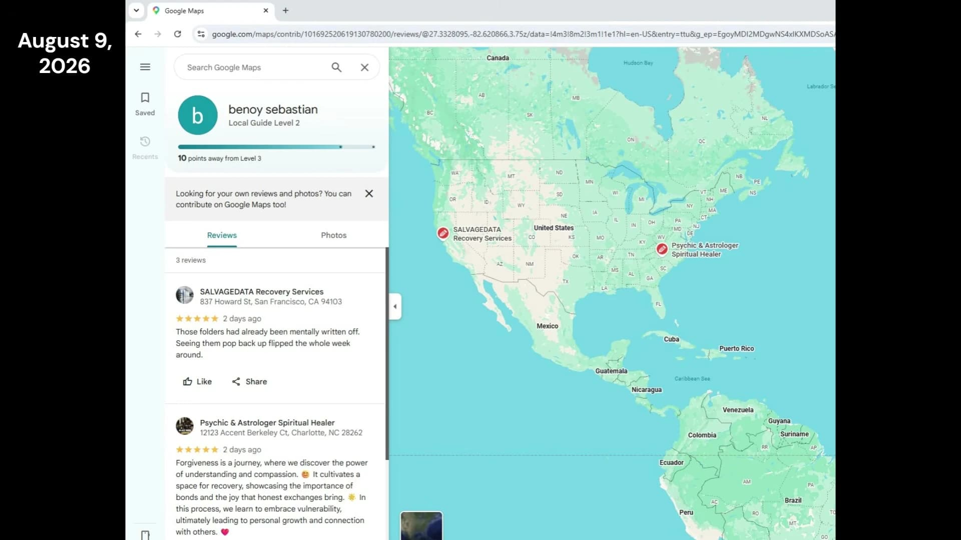 Google Maps contributor page for benoy sebastian, captured August 9, 2026, showing a five-star review of SALVAGEDATA Recovery Services in San Francisco and a five-star review of Psychic and Astrologer Spiritual Healer in Charlotte, North Carolina, both posted 2 days ago, with both businesses pinned on the map.