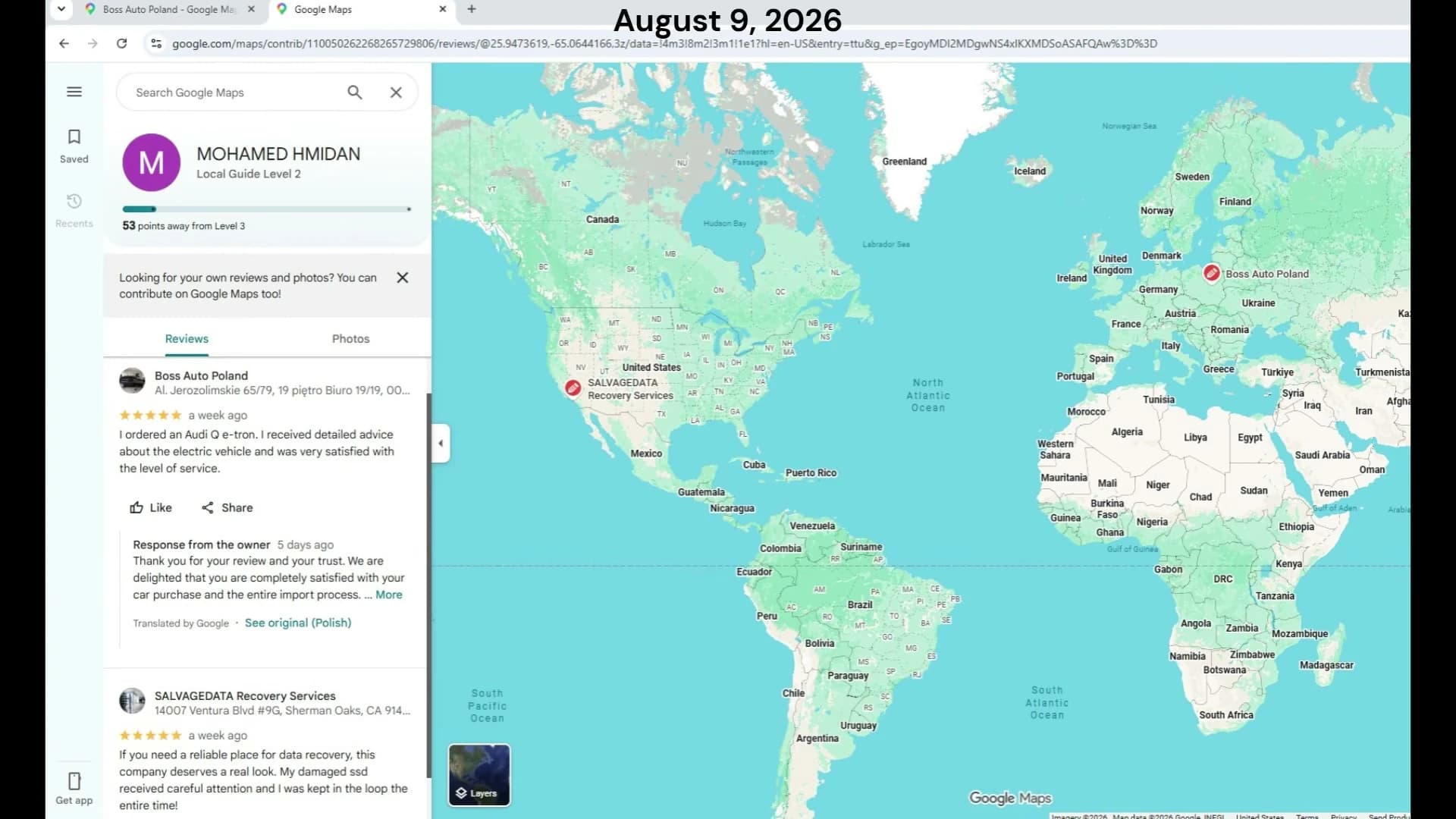 Google Maps contributor page for MOHAMED HMIDAN, captured August 9, 2026, showing a five-star review of Boss Auto Poland in Warsaw and a five-star review of SALVAGEDATA Recovery Services in Sherman Oaks, California, both posted a week ago, with pins in Poland and California.