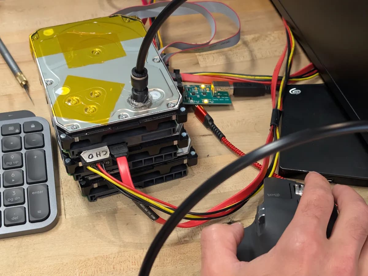 Opened helium hard drive connected to helium tank and PC-3000 during active data recovery at Rossmann Repair Group