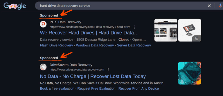 Sponsored Google results for data-recovery keywords