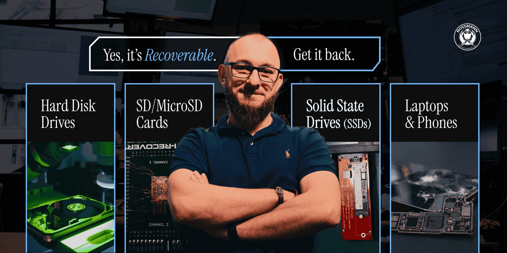 Rossmann's Austin data recovery lab background showing professional clean room facility